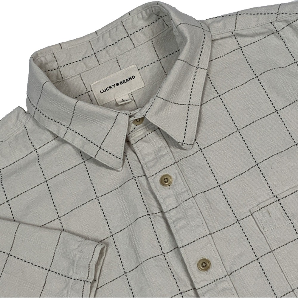 Lucky Brand Windowpane Plaid Short Sleeve Shirt Mens Large Cream Cotton 2CU5500